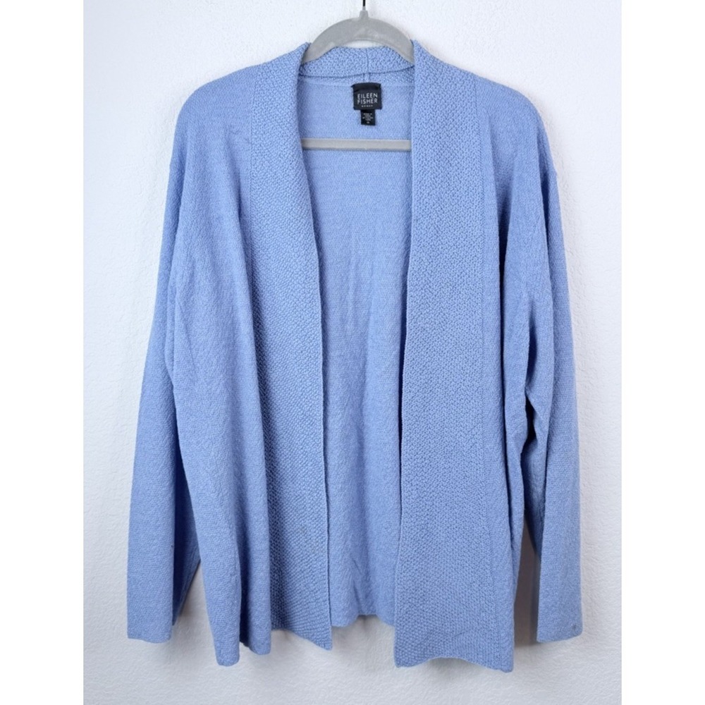 Eileen Fisher 100% Wool Open Front Cardigan Sweater Sz 1X Light Blue Minimalist